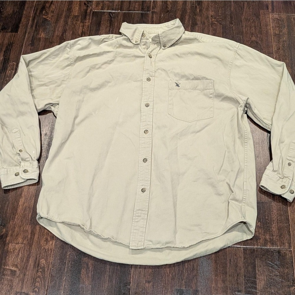 Eddie Bauer Work‎ Shirt Mens L Fits XL Khaki Button Down Long Sleeve Twill Flaws